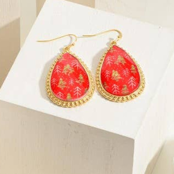 Red & Gold Christmas Tree Glass Crystal Tear Drop Earrings - Picture 2 of 3